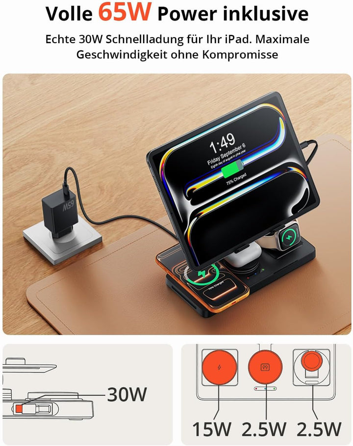 GEEKERA 4-in-1 Ladestation für Apple, Eingebautes einziehbares Ladekabel für iPad, Magnetisch Indukt