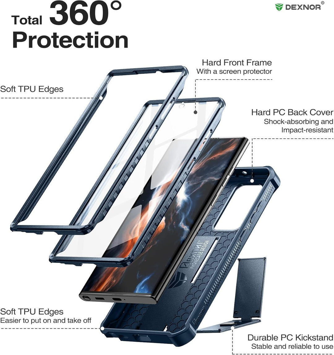 Dexnor Kompatibel mit Hülle Samsung Galaxy S22 Ultra【Doppelter Frontrahmen & Ständer】, Stossdämpfer