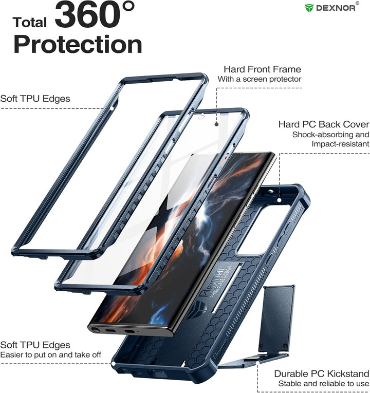 Dexnor Kompatibel mit Hülle Samsung Galaxy S22 Ultra【Doppelter Frontrahmen & Ständer】, Stossdämpfer