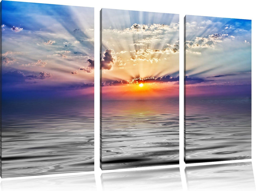 Pixxprint Sonnenaufgang im Meer / 3-Teilig/Gesamtmass 120cm Leinwandbild bespannt auf Holzrahmen/Wan