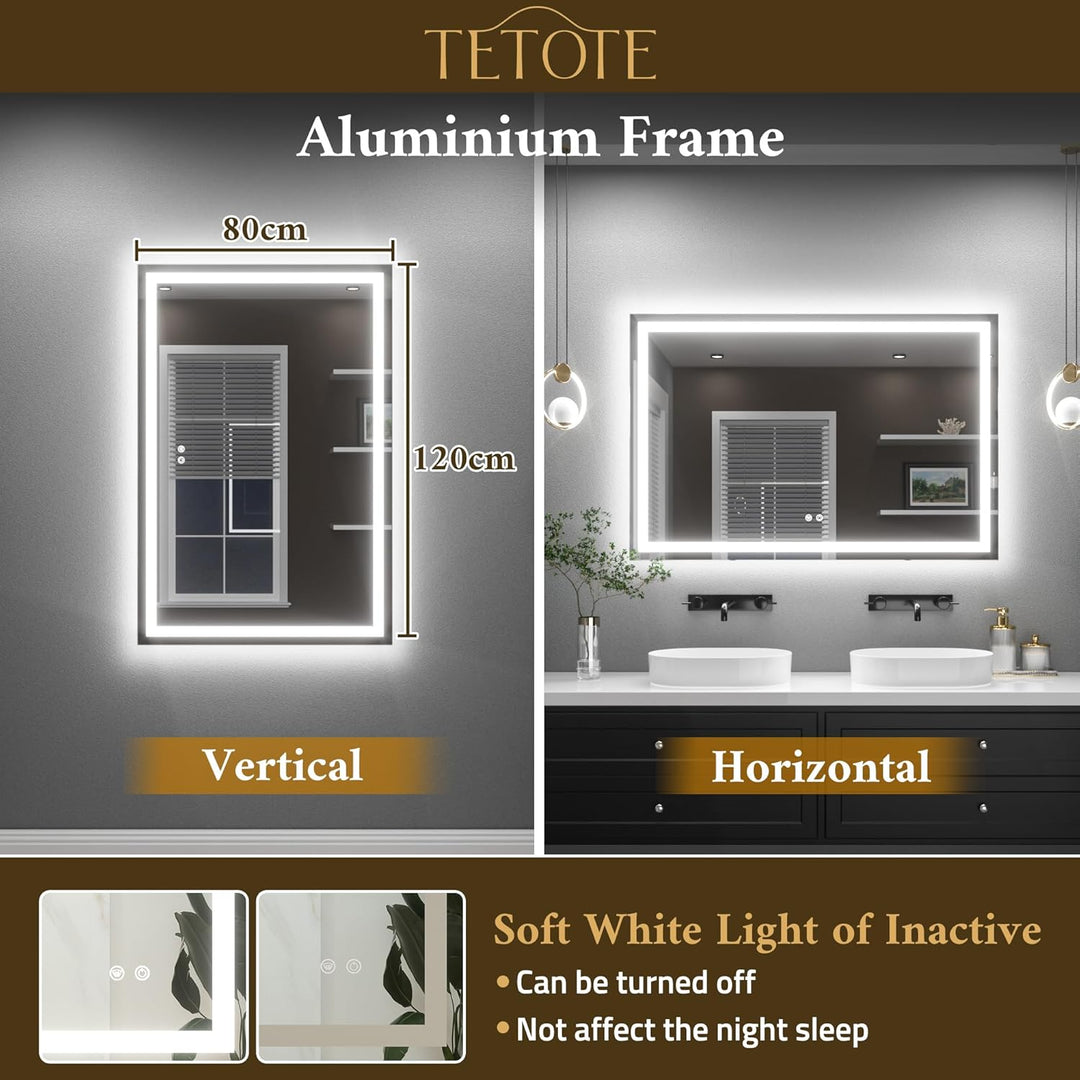 TETOTE Badspiegel mit Beleuchtung 120x80cm, Badezimmerspiegel Beleuchtet Beschlagfrei Badezimmer Wan