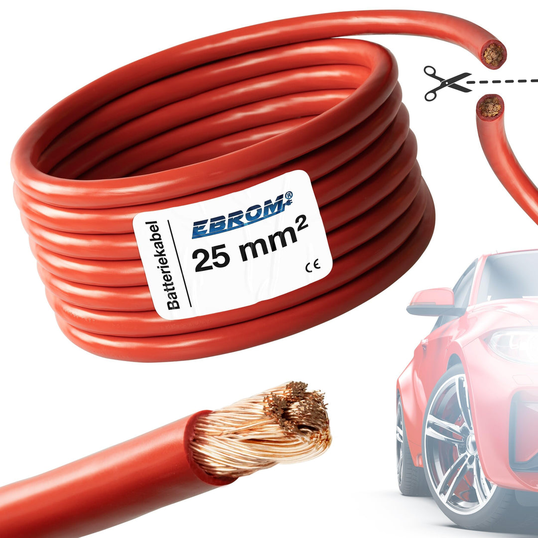 EBROM FLY Fahrzeugleitung - KFZ Leitung – Batteriekabel ROT – Querschnitt 25 mm² - Meterware – flexi