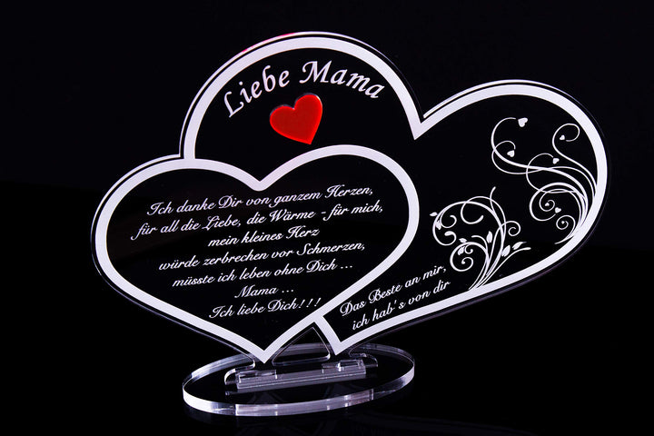 Acryl Schild in Doppelherz Form Liebe Mama, Perfekt zu Muttertag oder Weihnachten, mit Lasergravur,
