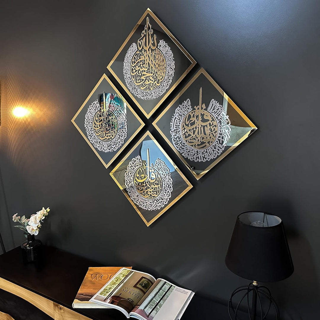 IWA CONCEPT Gehärtetes Glas Set von Ayatul Kursi, Surah Ikhlas, Al Falaq und Nas islamische Wandkuns