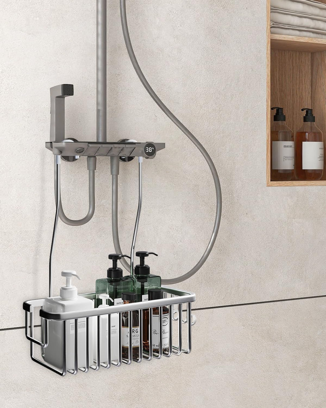 Duschablage ohne Bohren, Duschregal zum Hängen, Shampoo-Halterung, Aufhängen für Badezimmer Silber,