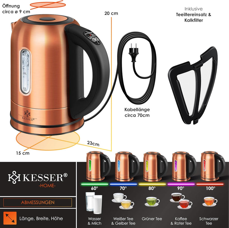 KESSER Wasserkocher 2200W Edelstahl 1,7L mit LED Beleuchtung-Farbe je nach Temperaturwahl 60, 70, 80