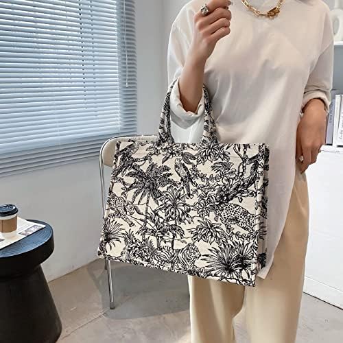 NCDUANSAN Grosse Kapazität Handtasche Leinen Baumwolle Blume Stickerei Retro Exquisite Doodle Mode E