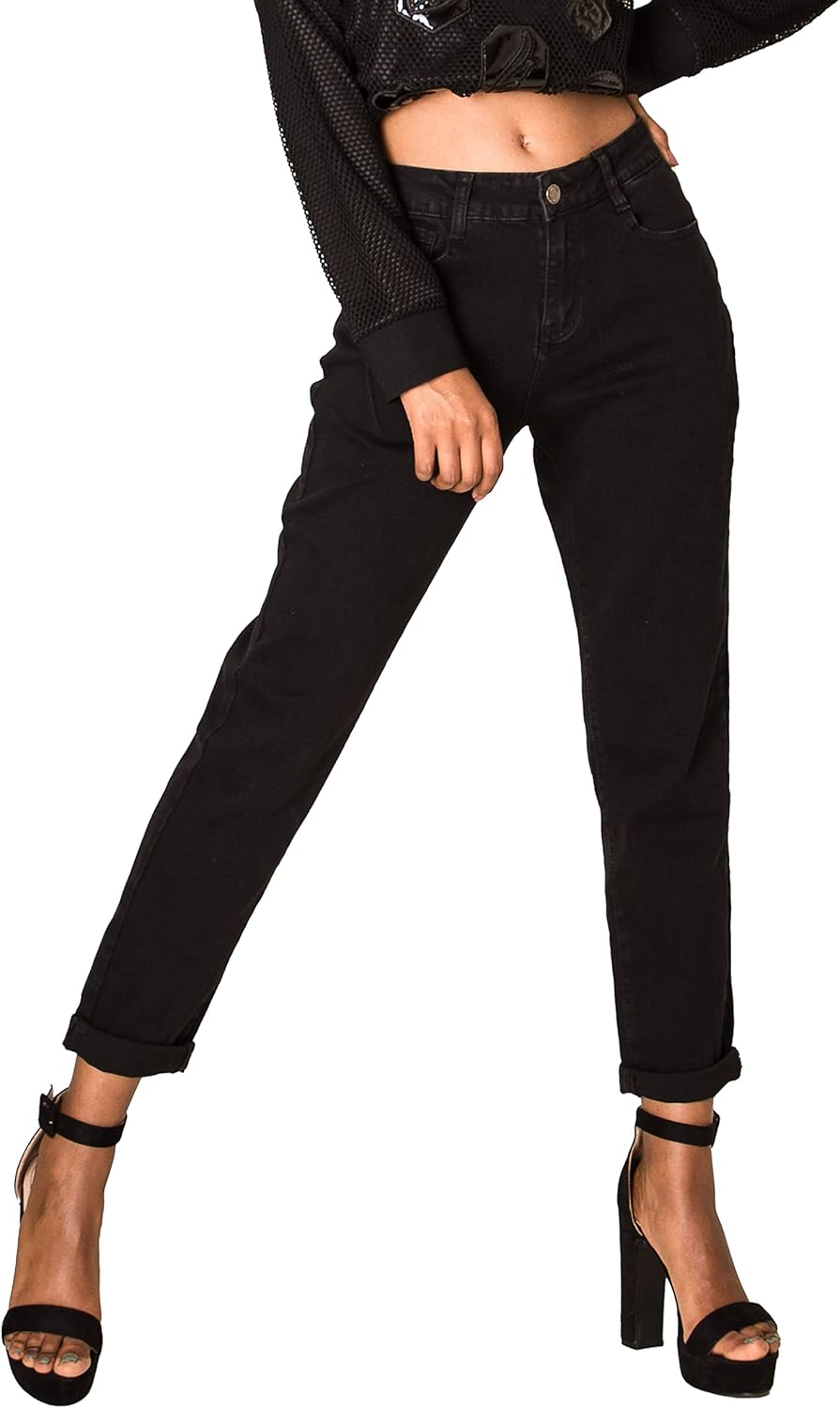Nina Carter Q1806 Damen Boyfriend Jeanshosen HIGH Waist Used-Look Jeans Waschungseffekt XS Schwarz (