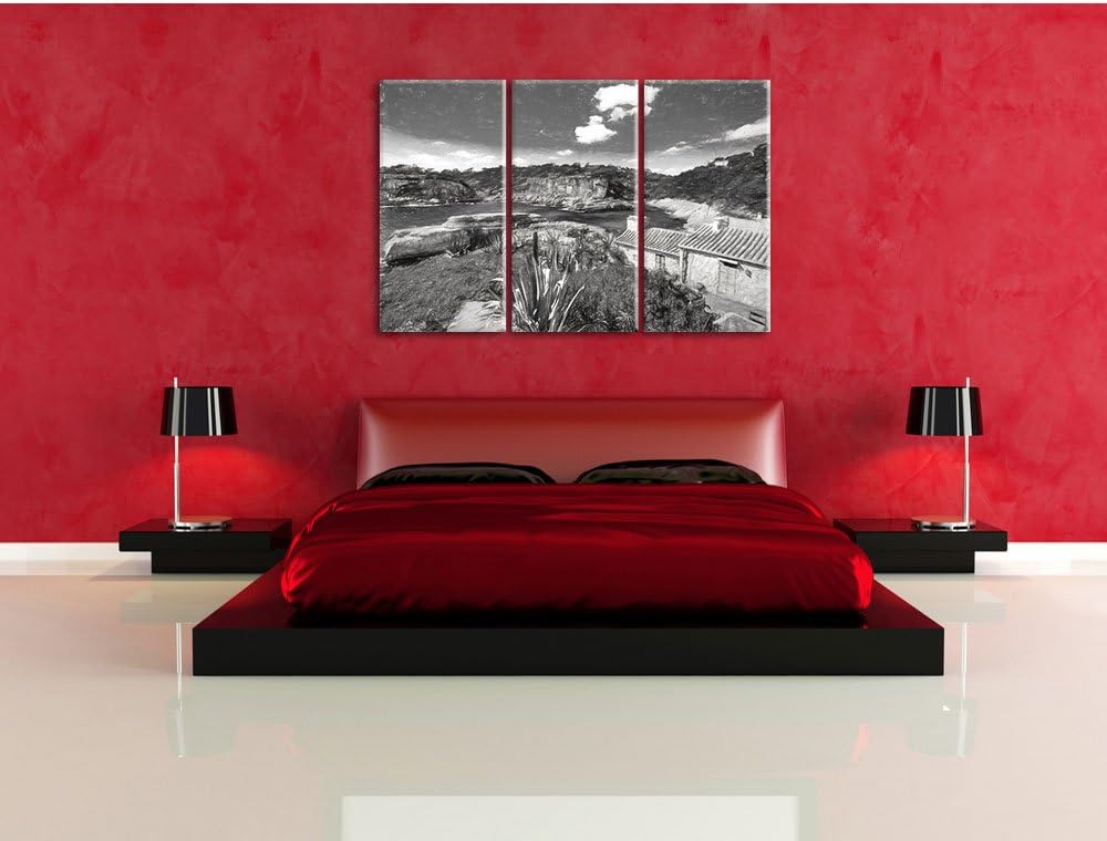 Pixxprint Ferienhaus an der spanischen Küste Kunst Kohle Effekt 3-Teiler Leinwandbild 120x80 Bild au