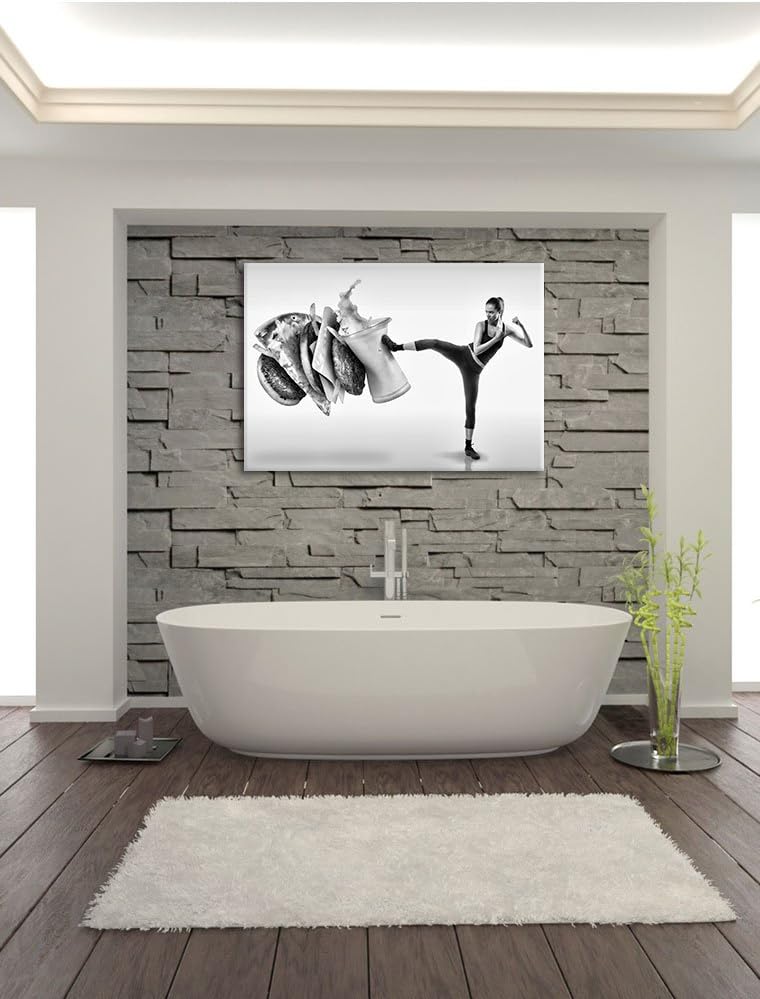 Pixxprint Starke Frau kickt gegen Fastfood / 100x70cm Leinwandbild bespannt auf Holzrahmen/Wandbild