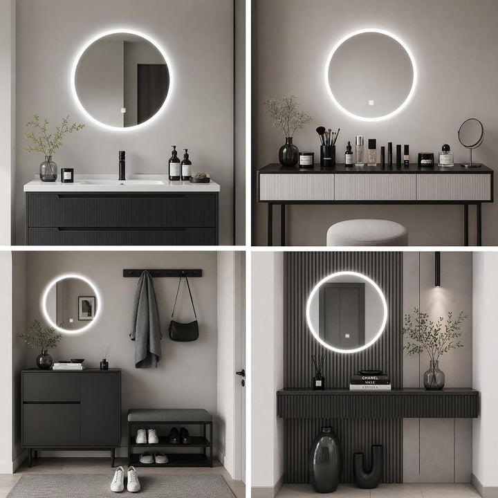 Badspiegel mit Beleuchtung, LED Badezimmer Spiegel Rund 50cm, Dimmbar, 3 Lichtfarben, Touch-Schalter