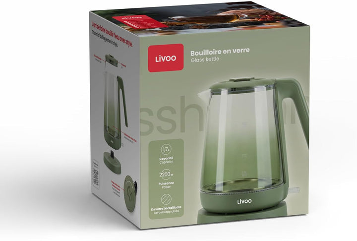 Livoo - Wasserkocher aus Glas, 1,7 l, DOD216V, 1850 W, 2200 W, Borosilikatglas, Hintergrundbeleuchtu