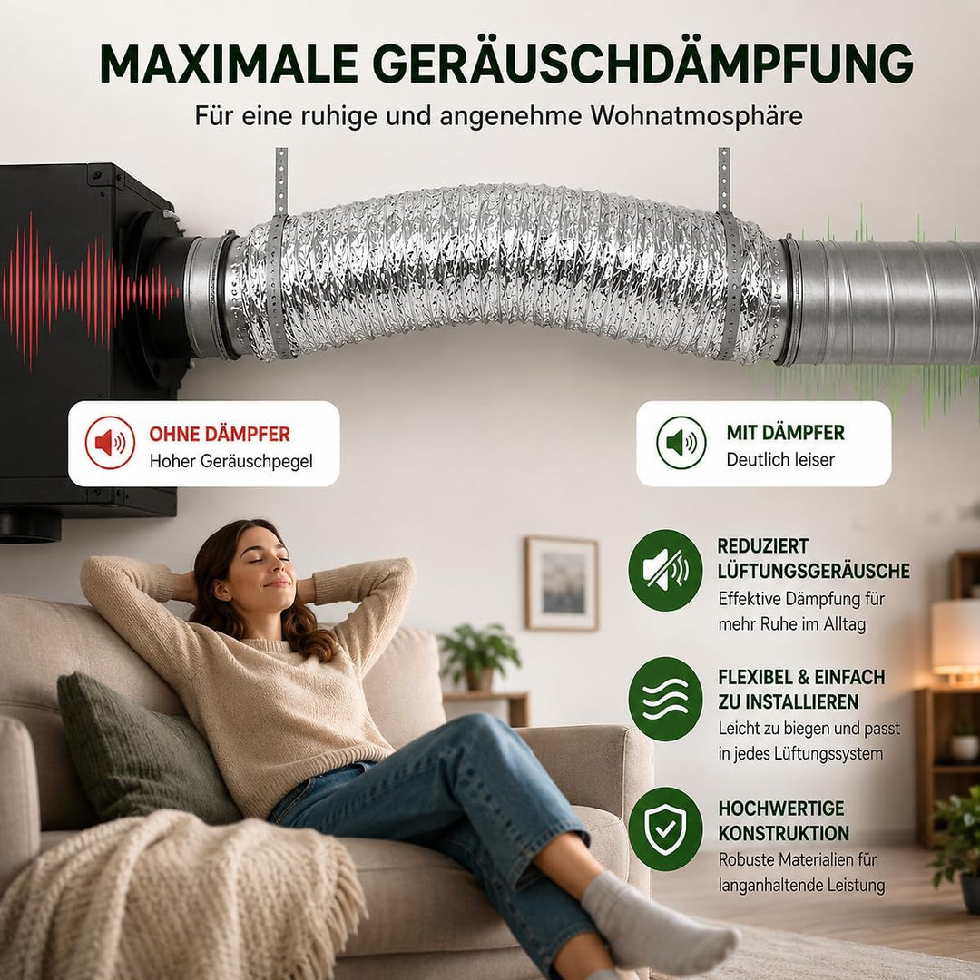 Whisper - Flexibler Aluminium-Schalldämpfer - Ø 180mm - Vlies-Innenschlauch - 10 Meter Länge - Geräu