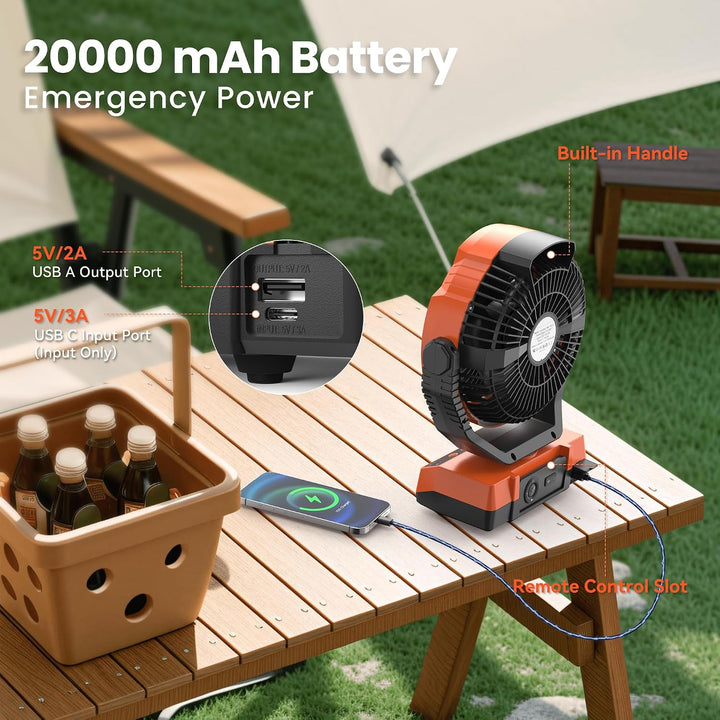 Campingventilator mit LED-Laterne, 20000mAh Zeltventilator mit Haken, 270° Drehung, 4 Geschwindigkei