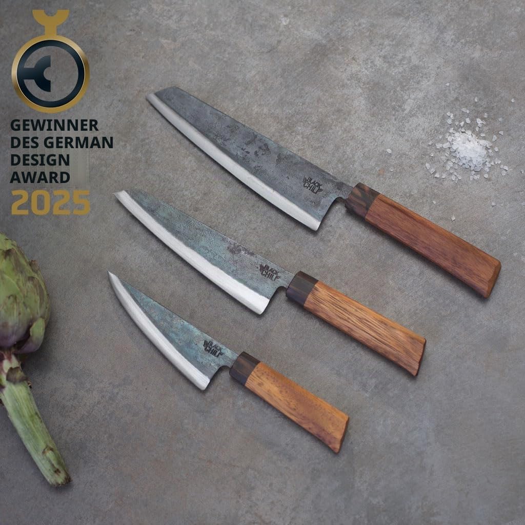 Black Chili Küchenmesser Set (3-teilig) | Chefmesser, Santoku Messer &amp; Gemüsemesser mit Eisenholz Gr