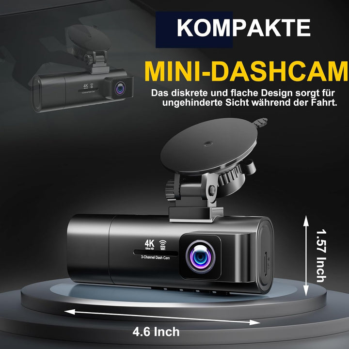 3-Kanal Dashcam Auto 4K+1080P+1080P Vorne Innen Hinten, 3,16" IPS Bildschirm, 5G WLAN mit 64GB SD-Ka