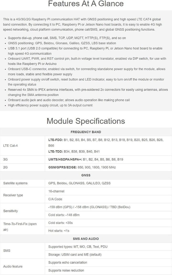 Waveshare SIM7600G-H M.2 4G Hat for Raspberry Pi LTE CAT4 High Speed Global Coverage Multi Band 4G/3