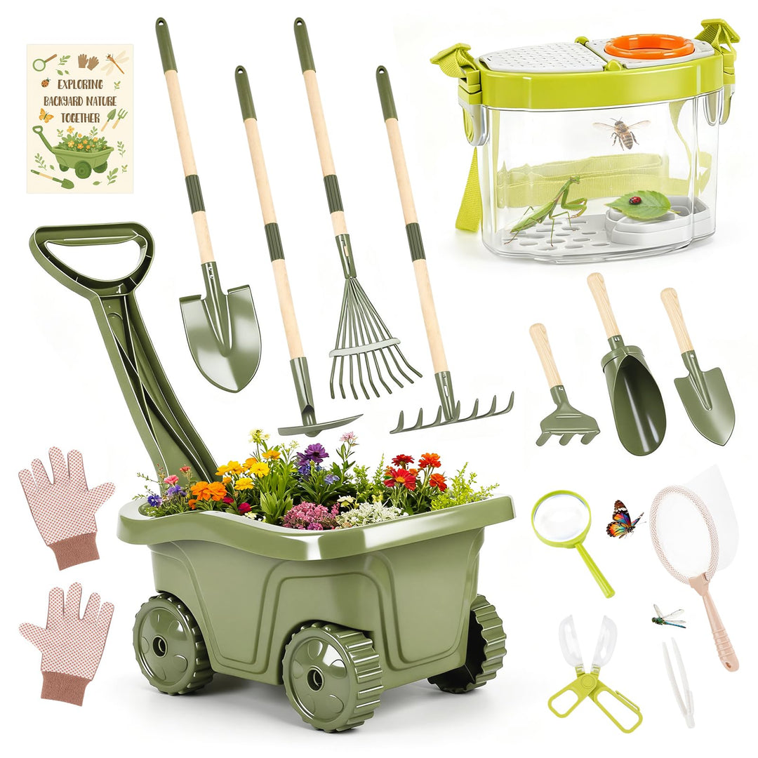 Dreamon Kinderschubkarre Garten Set mit Werkzeugen & Insekten-Entdecker Set – 17 PCS Entdecker- Schu