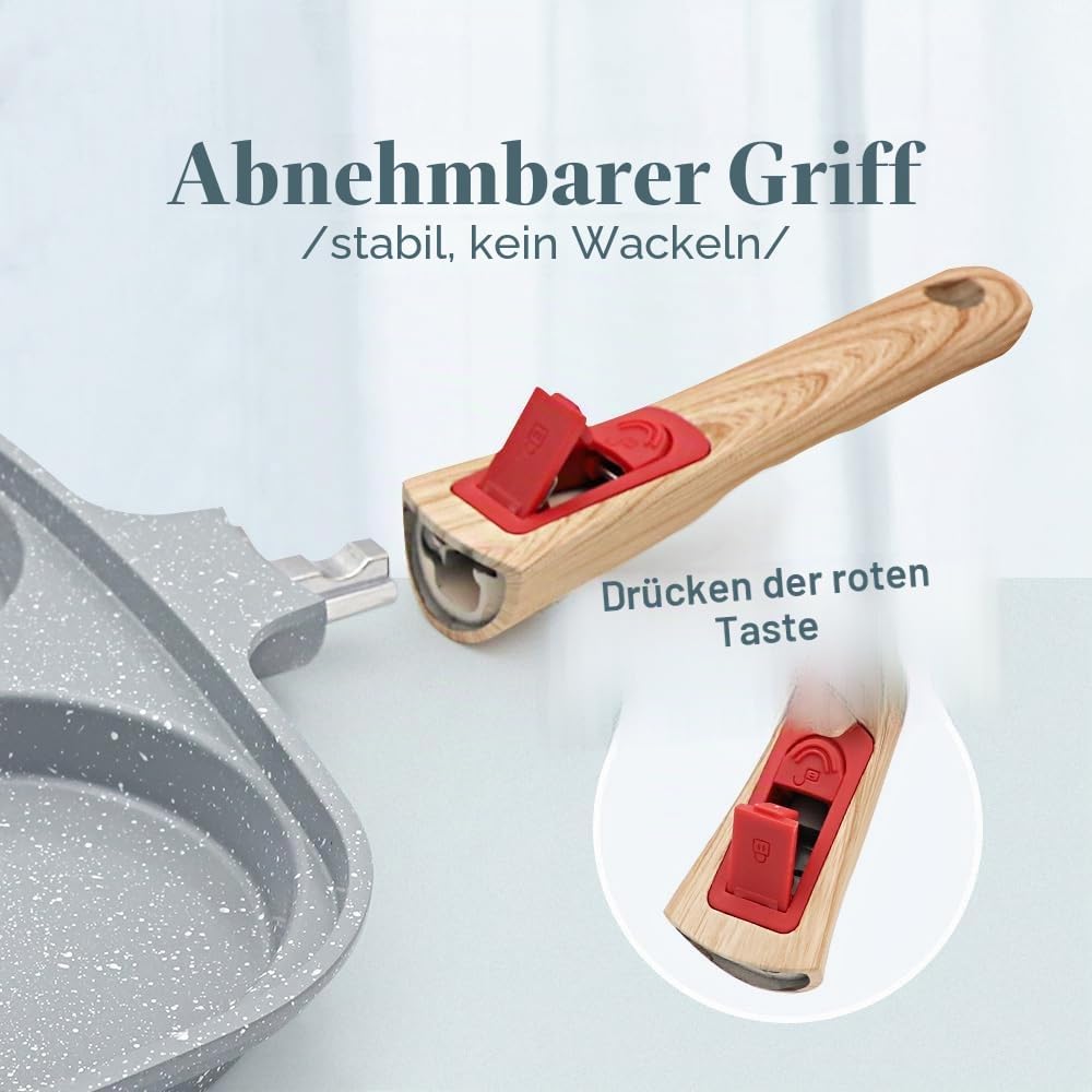 Spiegeleipfanne mit Deckel 3 Loch, 26cm Antihaft Keramikbeschichtung Grillpfanne Dreigeteilt Pancake