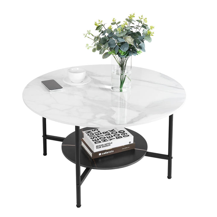 FATIVO Couchtisch Marmor Rund Weiss: Beistelltisch Sofatisch mit 2-Ablagen - Wohnzimmertisch mit Sch