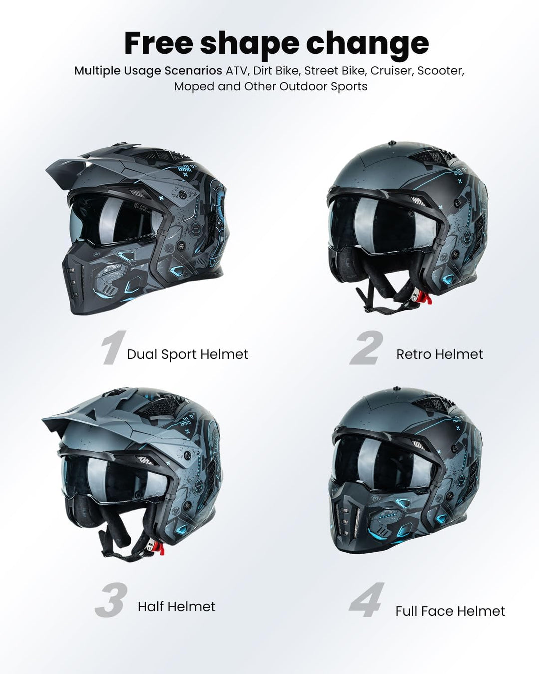ILM Helm Motorrad Motocross Herren Damen Vintage Retro mit Visier ECE Model Z302,SciFiBlau,S S SciFi
