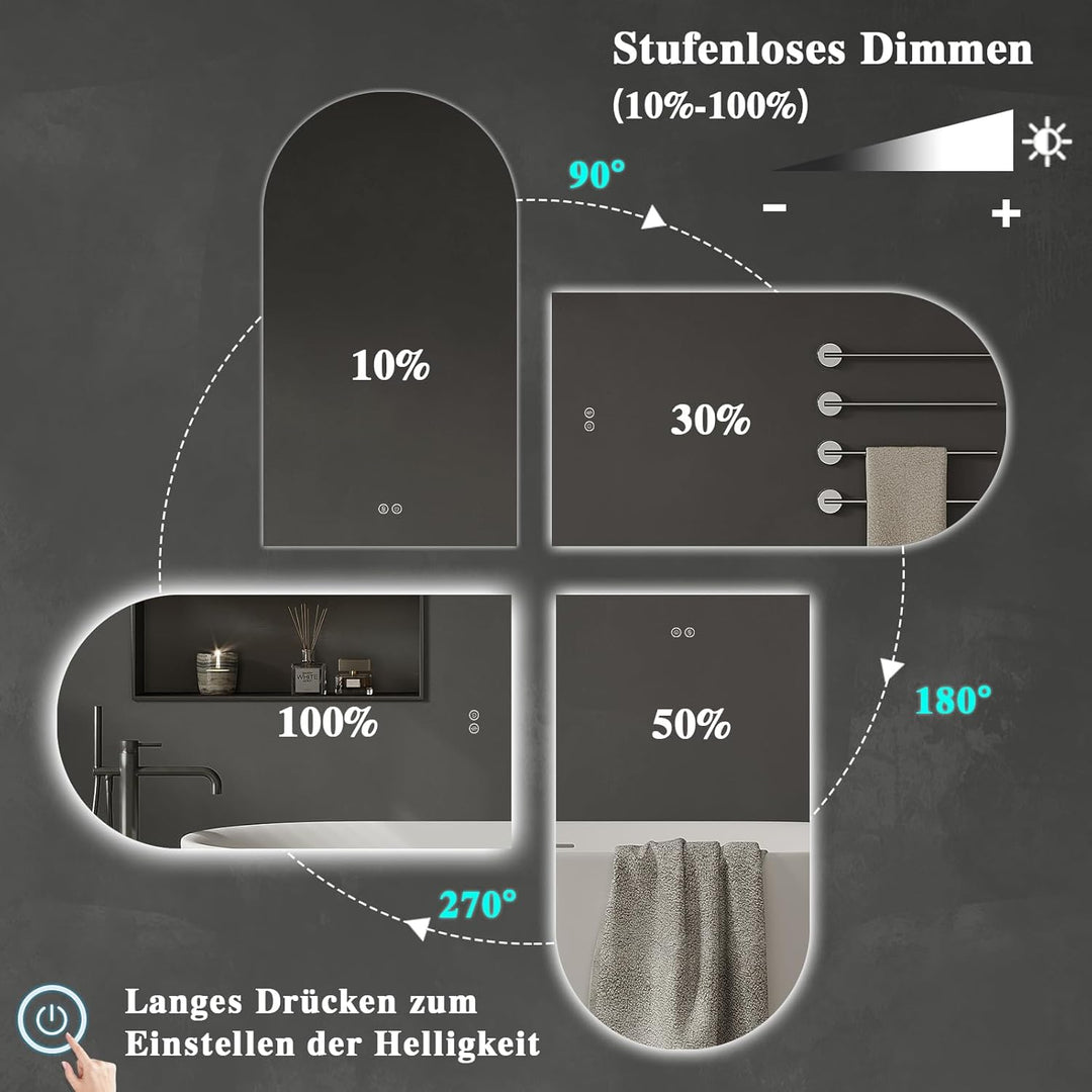 Badezimmerspiegel mit LED Beleuchtung, Beschlagfrei, Touch-Schalter, Dimmbar, 3 Lichtfarben, Wandspi