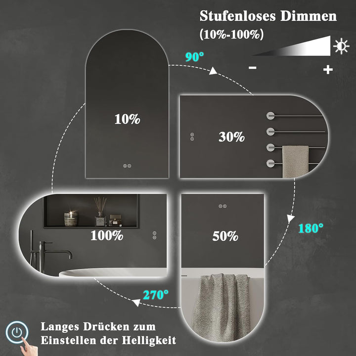 Badezimmerspiegel mit LED Beleuchtung, Beschlagfrei, Touch-Schalter, Dimmbar, 3 Lichtfarben, Wandspi