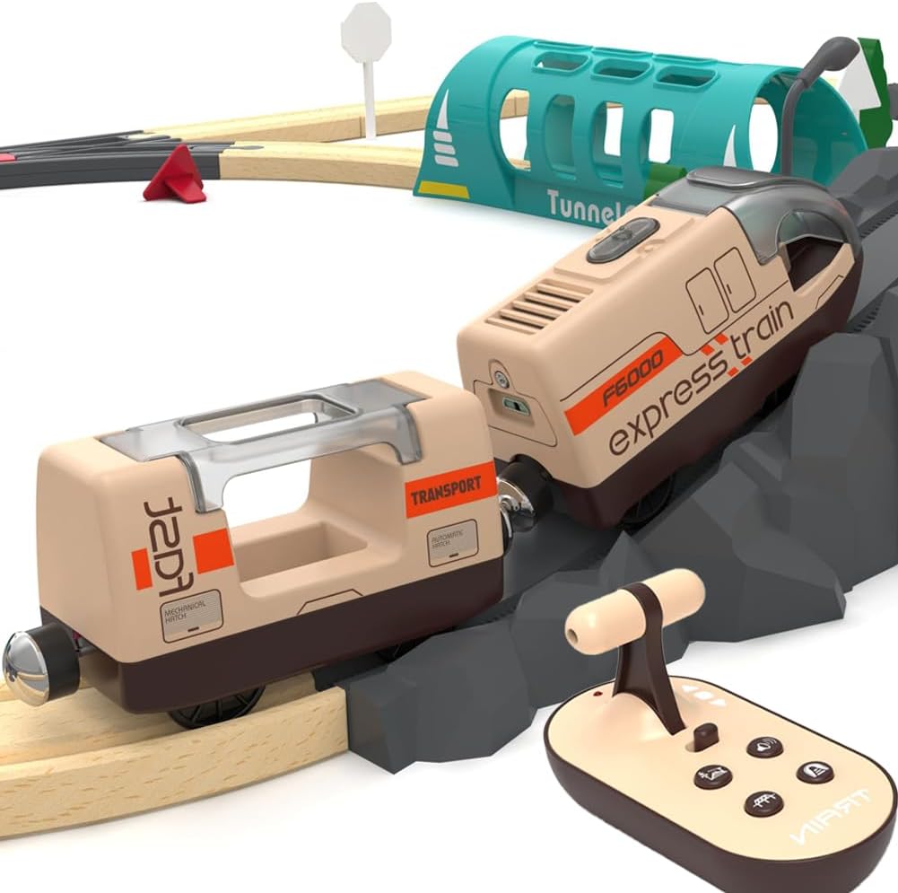 TOPLIVING Elektroeisenbahn für Holzschienen, ferngesteuerte Spielzeugeisenbahn, Motorisierte Eisenba