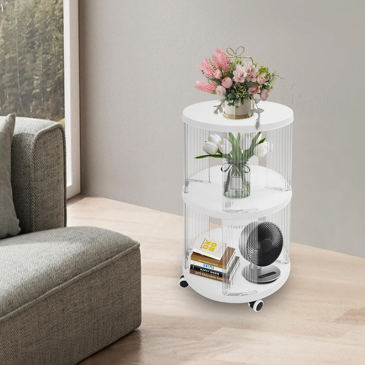 Bücherregal drehbar Klein 40,5x72,5cm Rund 2 Etagen Weiss Klar Freistehend | 4 Rollen mit Bremse ABS