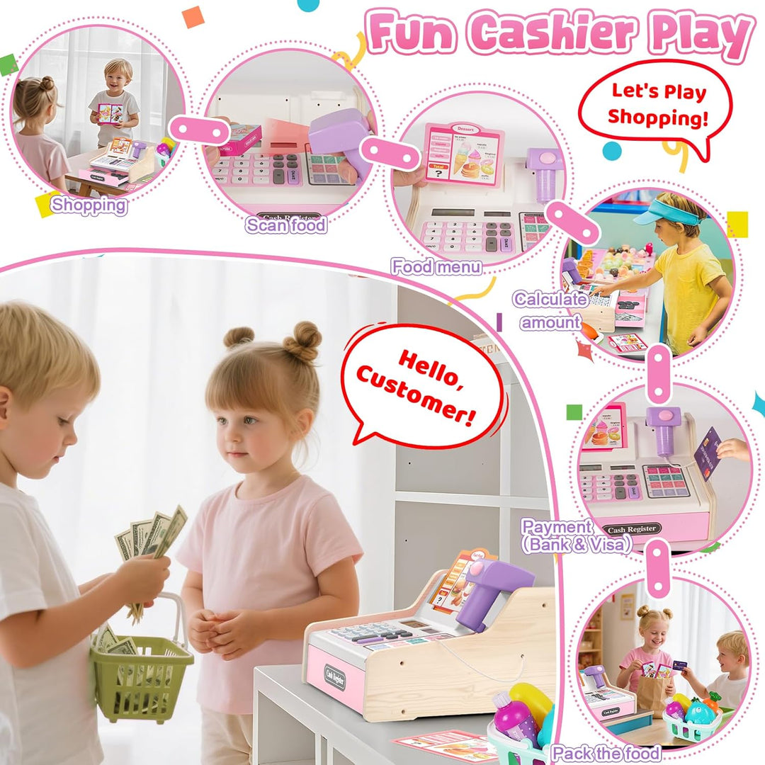 maysida Kinderkasse Holz-Registrierkasse mit Scanner & Sound für Kinder 3-5 Jahre, Spielzeug Kasse m