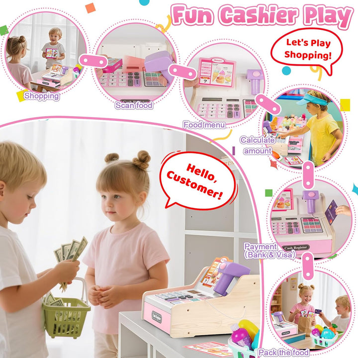 maysida Kinderkasse Holz-Registrierkasse mit Scanner & Sound für Kinder 3-5 Jahre, Spielzeug Kasse m