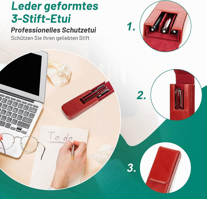 Hiram Leder-Füllhalteretui, Leder-Füllhalterbox für 3 Stifte mit Verstecktem Magnetischem Schnappver