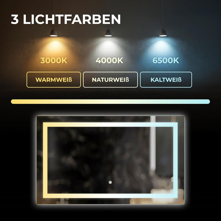 BR Bringer LED Badspiegel - 100x60 cm - Badezimmerspiegel mit Beleuchtung und Anti-Beschlag Funktion