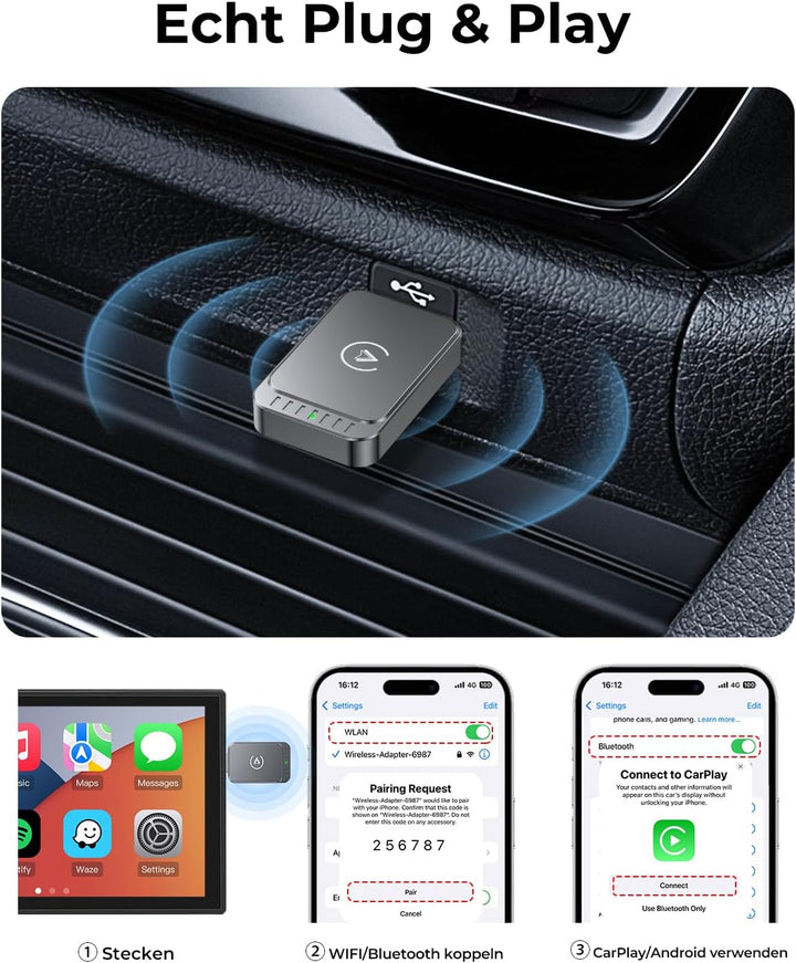 Carplay Wireless Adapter Android-Auto Adapter: 2 in 1 Wired Konvertieren Kabellos, Mini & Stabiler P