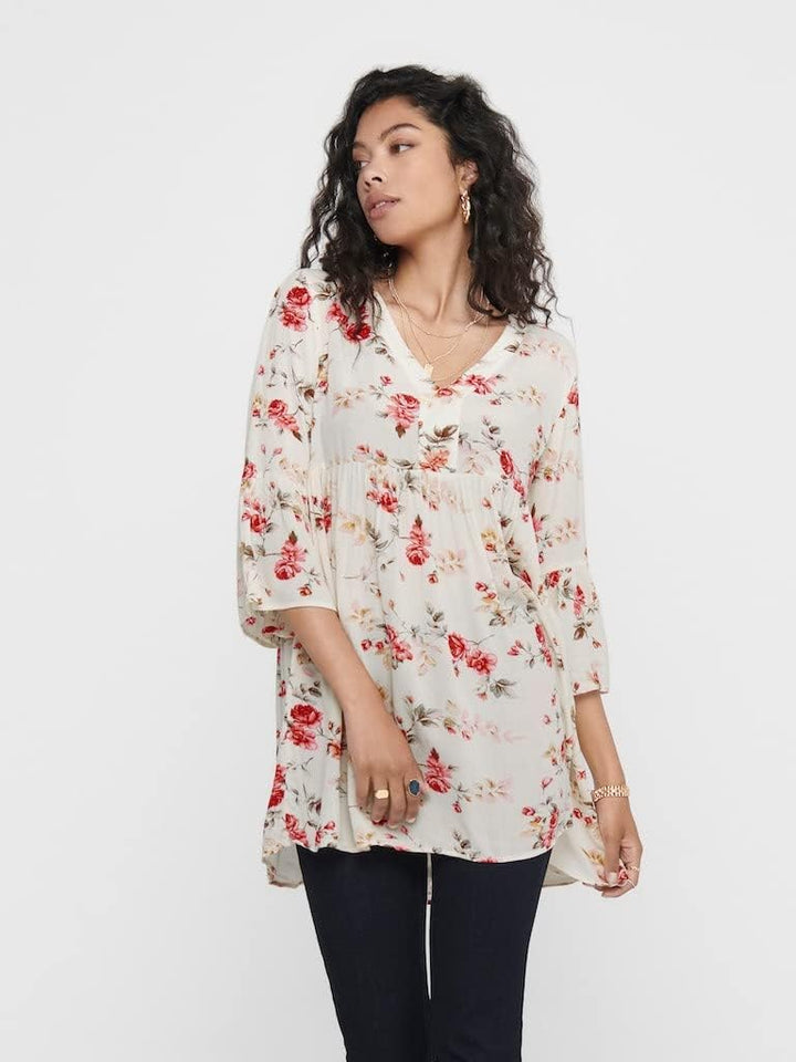 NAME IT Damen Onlvalencia Life 3/4 Tunic Wvn Noos 36 Creme Brûlée/Aop:flowers, 36 Creme Brûlée/Aop:f
