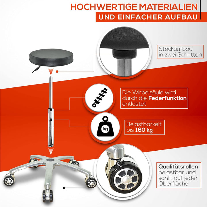 VAKON SALON - Rundhocker auf Rollen, höhenverstellbar von 50-65 cm Drehhocker, Rollhocker, Praxishoc