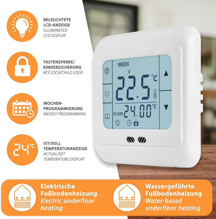 Digital Thermostat H3 + Touch-Screen Unterputz mit Fühler für Fussbodenheizung Weiss