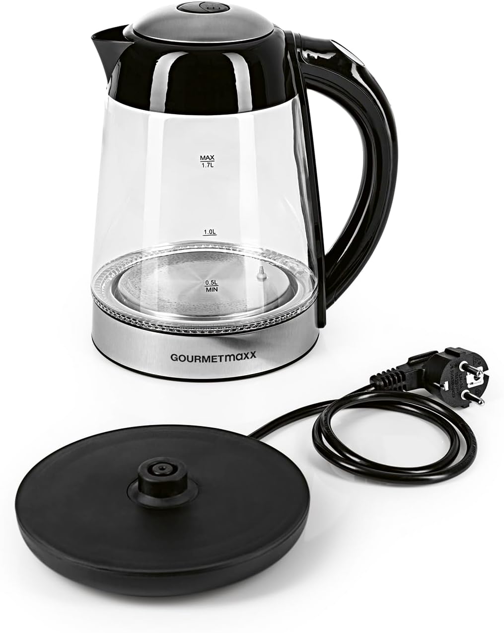 GOURMETmaxx Glas-Wasserkocher LED-Farbwechsel 1,7l 2200W schwarz/Edelstahl