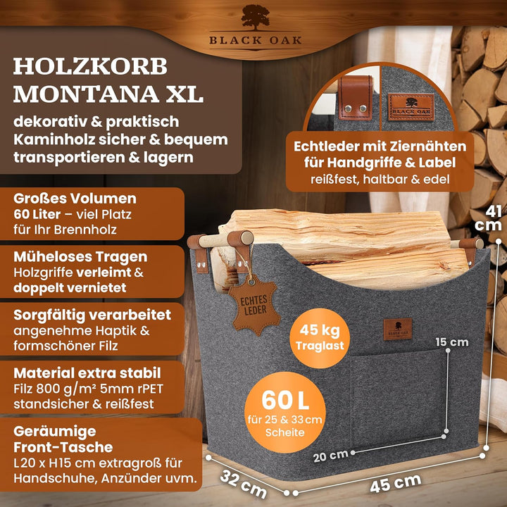 BLACK OAK Montana XL 60L Filzkorb &amp; Holzkorb für Kaminholz - Leder Applikation + rutschfeste Griffe