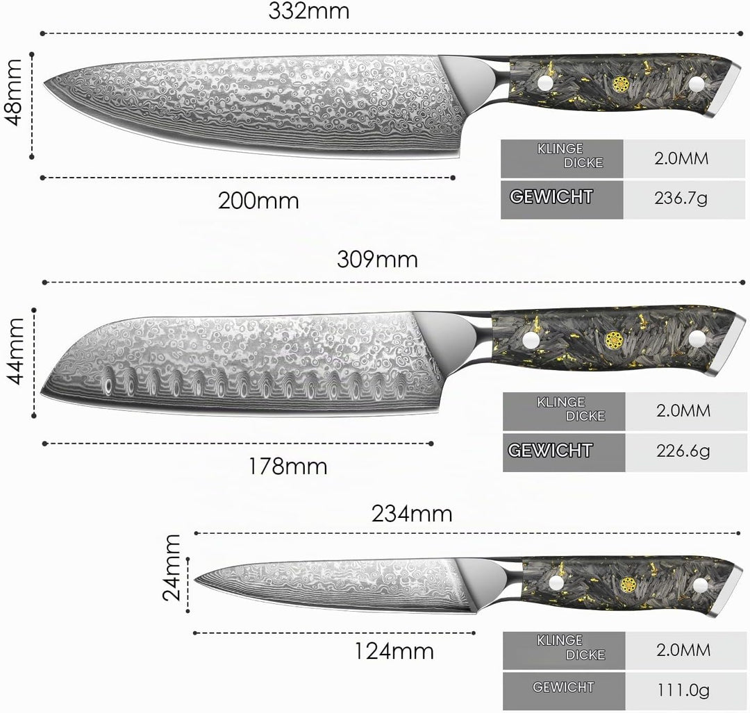Home Safety 3er Damast Messerset mit Klingen von 12.4 bis 20 cm Länge - Hochwertiges Damastmesser Se