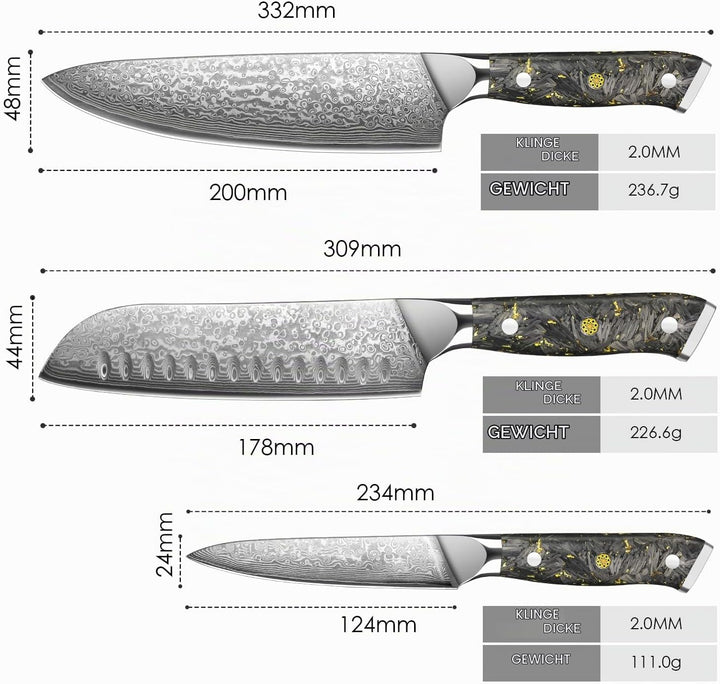Home Safety 3er Damast Messerset mit Klingen von 12.4 bis 20 cm Länge - Hochwertiges Damastmesser Se