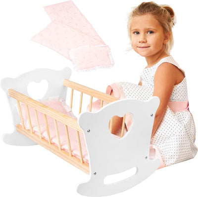 Green series Kinderplay Puppenwiege aus Holz, Weiss Puppenbett Holz, Wiege für Puppe – Set Wiege mit