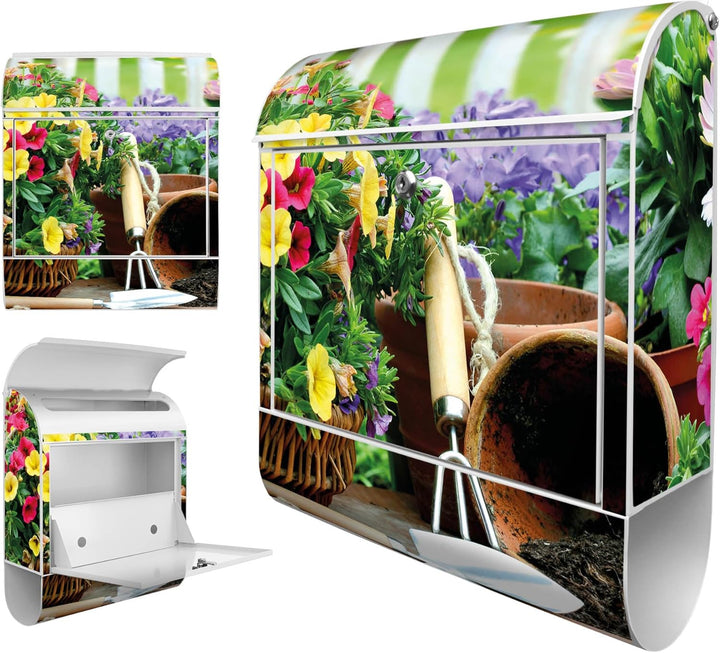 banjado® Design Briefkasten mit Motiv Gartenfreude 39x47x14cm & 2 Schlüssel - Briefkasten Stahl weis