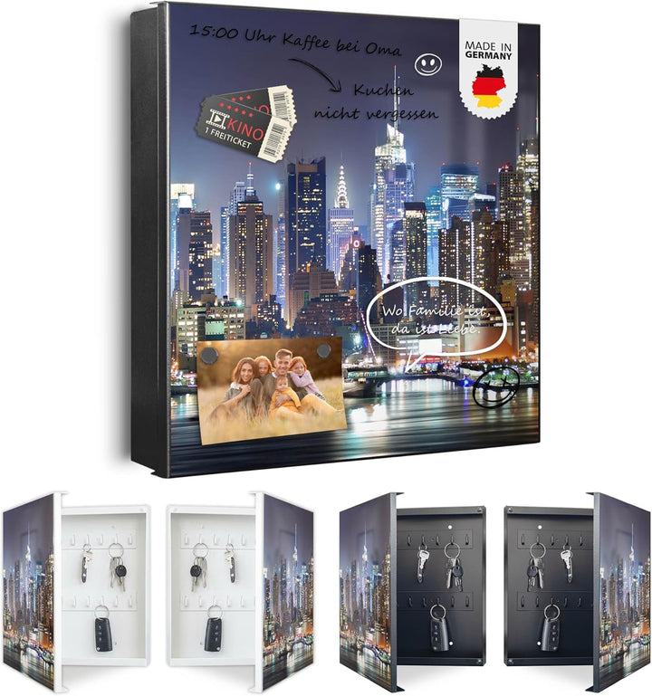 banjado® Grosser Schlüsselkasten Glas/Schlüsselbox 30cm x 30cm mit 50 Haken - Motiv New York/Schlüss