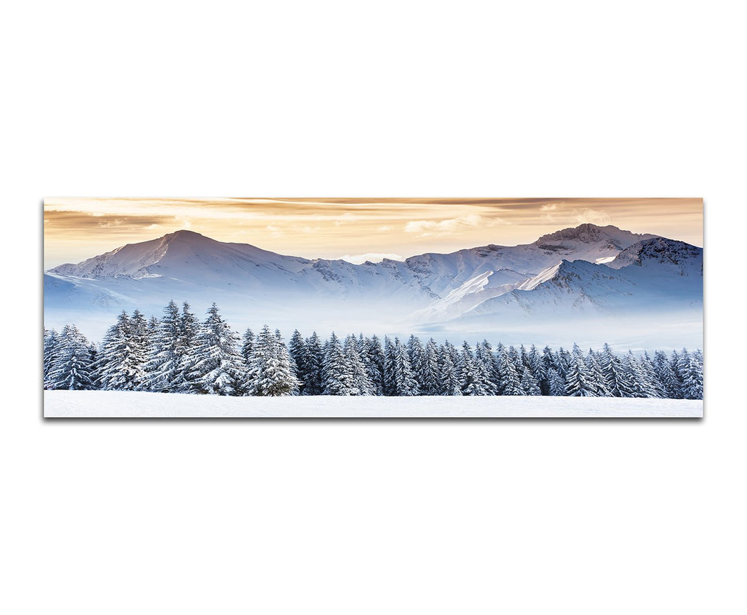 Paul Sinus Art Panoramabild auf Leinwand und Keilrahmen 150x50cm Gebirge Wald Schnee Wolken Abendlic