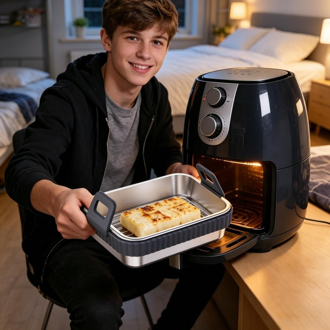 2er Set Edelstahl Backform für Heissluftfritteuse mit Grillrost und Frischhaltedeckel – Airfryer Zub