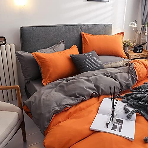Damier Bettwäsche 200×220cm Orange Grau Wendebettwäsche Set 3 Teilig Weiche Microfaser Bettbezug Dop
