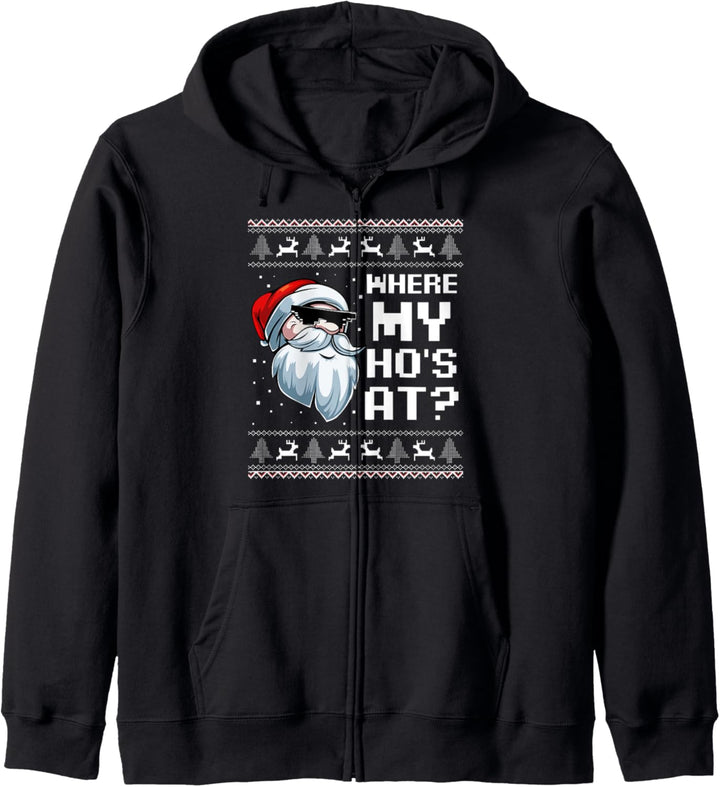 Where My Ho's At Ho Matching Couple Santa Ugly Christmas Kapuzenjacke