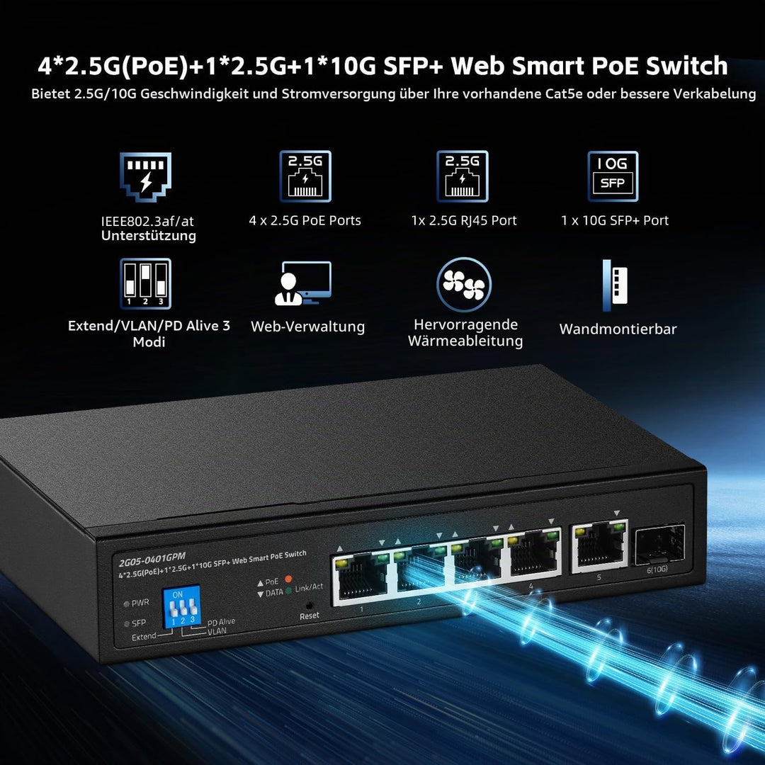 6-Port-2,5G-PoE-Managed-Switch, 10G-SFP+-Steckplatz, IEEE802.3af/at 100W, unterstützt Trunk/LACP/VLA