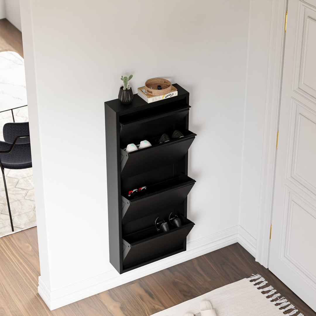 [en.casa] Schuhschrank Sokndal Schuhkipper Schwarz schmal Schuhkommode mit 3+1 Kippfächern Diele Flu
